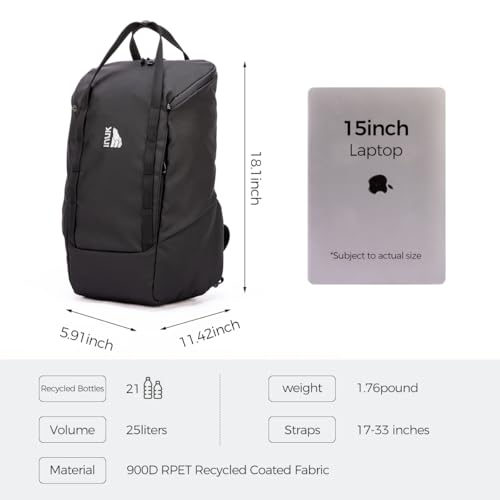 INUK Travel Laptop Backpack, 25L Recycled Waterproof Light Daypack | Dual laptop pockets, soft light foam straps, recycled wear-resistant fabric, water repellent coating, Black - color: Polar Night Black