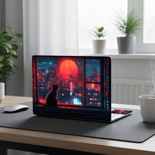 Aesthetic Laptop Skin Cover,12-15.6 Inch Universal Vinyl Sticker Decal,Waterproof Scratch-Resistant Notebook Wrap,Removable Residue-Free Protector,Red Moon City Cat - color: Red Moon City Cat