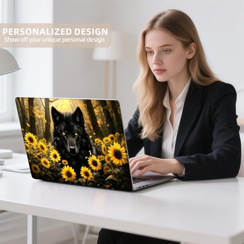 Universal Laptop Skin Sticker for 12/13/14/15.6 Inch Laptops, Reusable Vinyl Laptop Decal Cover, Waterproof Scratch Resistant Notebook Skin with 2 Wrist Pads,Sunflower Wolf - color: Sunflower Wolf