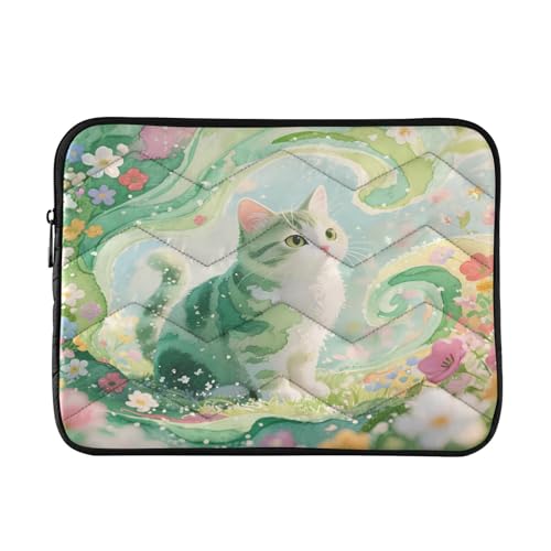 Whimsical Cat Green 15-16 Inch Quilted Laptop Sleeve Case Soft Notebook Protector Bag Computer Carrying Case - color: Whimsical Cat Green, size: Large