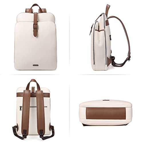 CLUCI Leather Backpack for Women, 15.6 inch Laptop Bag, Large Genuine Work Backpack Travel Back - color: 0-0 Beige With Brown