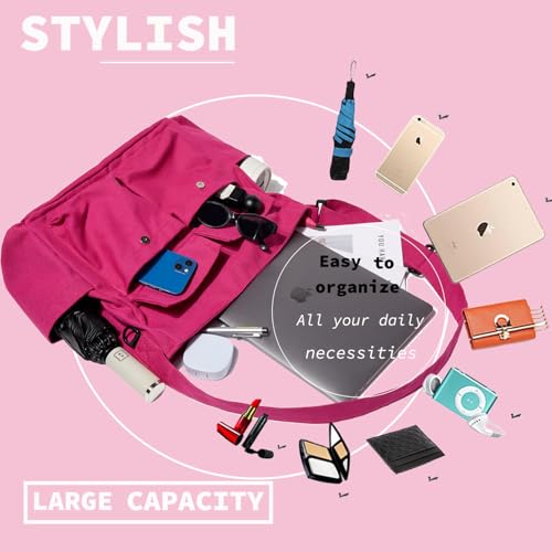 Canvas Messenger Bag Large Hobo Crossbody Bag with Multiple Pockets Casual Shoulder Tote Bag for Women and Men - color: Dragonfruit