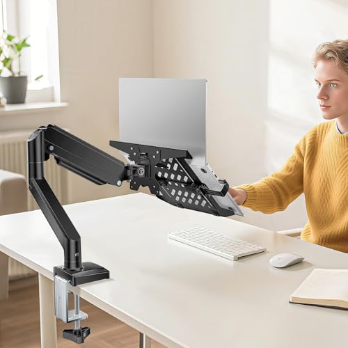 WALI Single Arm Laptop and Monitor Desk Mount for 17" Notebook and Up to 32" Screen, 2-in-1 Adjustable Gas Spring Monitor Arm with Laptop Tray, VESA 75x75 100x100,Holds 22-26.4 lbs, Black (GSMP001NLP) - size: Single, style: Fully Adjustable Desk Mount