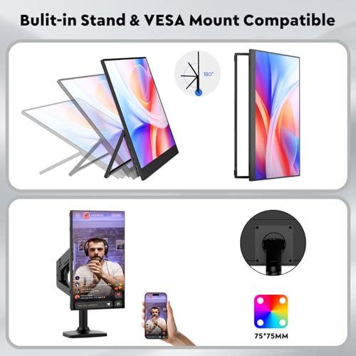 16" 2.5K Wireless Portable Monitor with Battery 8000mAh, 500 Nits HDR Display, 125% sRGB, USB-C / Mini HDMI External Travel Monitor, Auto Rotation, VESA Compatible for MacBook, iPhone, iPad, Windows - size: 16 inch