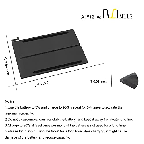 MULS A1512 Tablet Battery for Apple iPad mini 2 & iPad mini 3 A1489 A1490 | A1491 A1599 A1600 A1601 ME276LL/A MF066LL/A MF247CH/A MGNV2LL/A MH3F2LL/A MGPW2CH/A MF544LL/A MF569LL/A MF580LL/A 24.3Wh - size: 6.50*4.41*0.79 in A1512