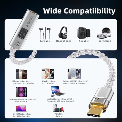 USB C to 3.5mm Audio Adapter Equipped with Dual DAC Chip CX31993&MAX97220, Audio Dongle with HiFi Amplifier, USB C to 3.5mm Headphone Aux Converter & USB A Adapter for Android iPhone iPad PC Mac - color: Silver