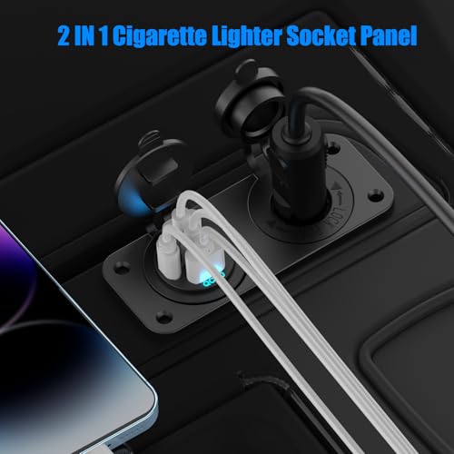 4 Port 12V USB Outlet Marine Switch Panel 12 Volt Plug, Dual PD30W and Dual QC18W USB Ports Car Charger with Switch, Waterproof 150W Cigarette Lighter Socket 2 in 1 DIY Kit for Car Marine Boat RV ATV