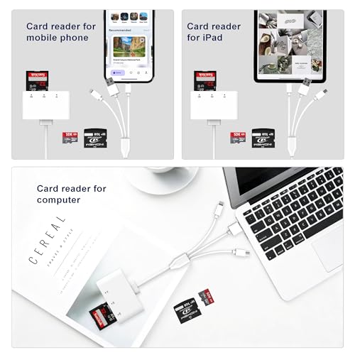 3-in-1 SD Card Reader for iPhone with Lightning/USB-C/USB-A - XD,SD,MicroSD Memory Card Adapter up to 2TB, Compatible with iPhone 16/15/14, iPad, Android, MacBook,PC,Camera & Drone