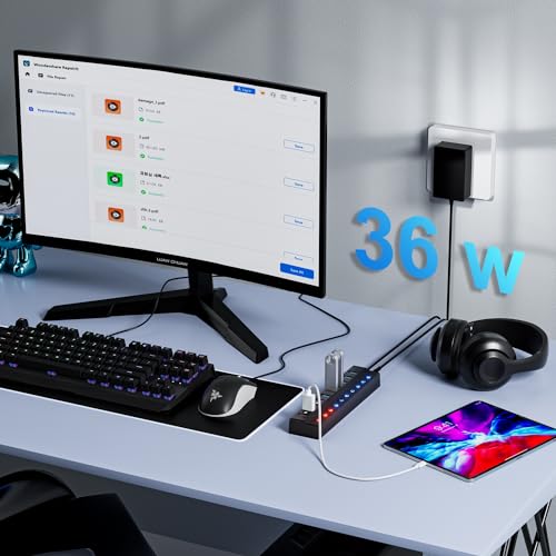ONFINIO Powered USB Hub, 10-Port USB Splitter Hub | (7 Faster Data Transfer Ports+ 3 Smart Charging Port) with 12V/3A Power Adapter USB Extension for Mac, PC and More - style: 10 PORT QC 3.0