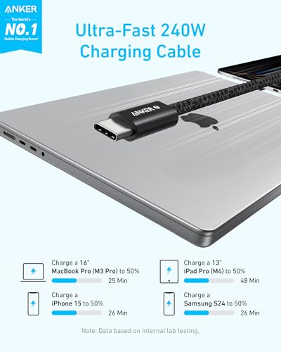Anker Zolo USB C Cable, Braided and Dirt-Free Type C Fast Charging Cable, Slim Connector, for iPhone 16 Series, MacBook (240W) (Black, 3ft)&140W USB-C Charger, Anker Laptop Charger, 4-Port Mu