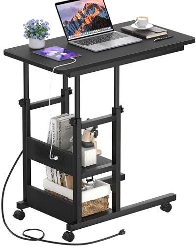 Height Adjustable End Table with Charging Station, Mobile C Shaped Laptop Side Table with Wheels, 3-Tier Sofa Couch Table with Storage Shelve for Living Room Bedroom, Black - color: Black