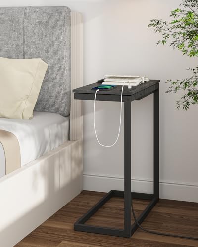 TUTOTAK Large C Shaped End Table, Side Table with Charging Station C Table | Tilting Laptop Stand with Storage, Computer Couch table for Living Room, Bedroom, Black TB01BK090 - color: Black, style: Plug
