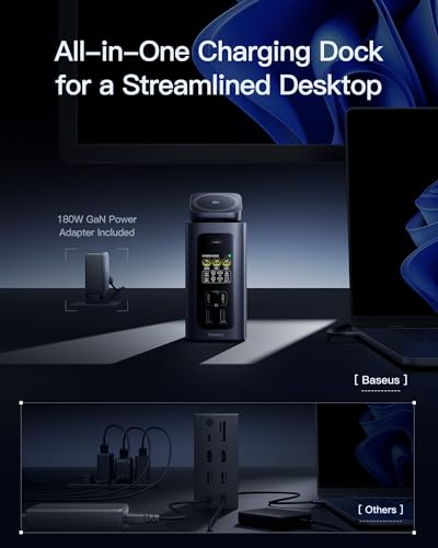Baseus Spacemate RD1 Pro, 15-in-1 Docking Station with Dual Monitor | 180W GaN Charger, 160W Output for 4 Devices, 25W Qi2.2 Wireless Charging, Smart Display, 4K@120Hz HDMI, 10Gbps USB-C