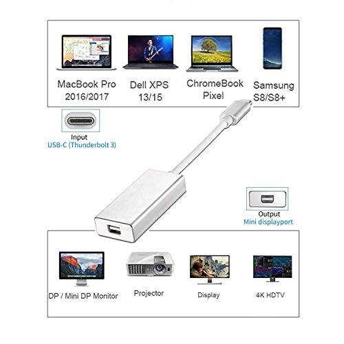 YMY USB C to Mini Displayport Adapter, Type C to Mini DP Converter Compatible with MacBook Pro 2016/2017, Chromebook Pixel, Dell XPS Convert to LED Cinema Display, iMac, Dell Monitor (Silver)