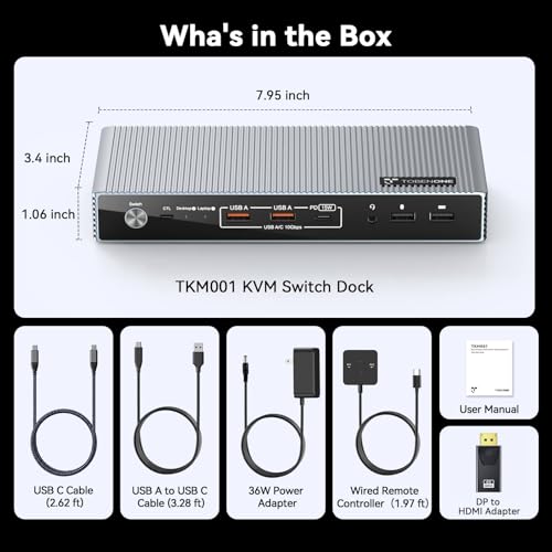 TobenONE KVM Switch 2 Monitors 2 Computers for Laptop & Desktop | Dual HDMI 4K@60Hz KVM Docking Station, EDID, 5 USB (Max 10Gbps), 100W PD, Wired Remote, for Home Office & Gaming