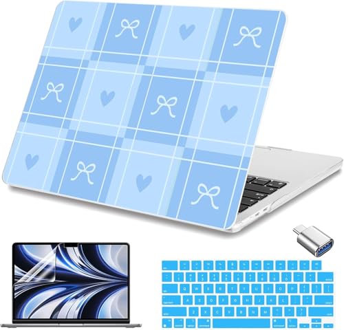 Teryeefi Compatible with MacBook Air 15 inch Case M4 M3 M2 Chip 2025 2024 2023 Release Plastic Hard Shell with Keyboard Cover & USB Adapter- Blue Bow 139 - color: Blue Bow 139