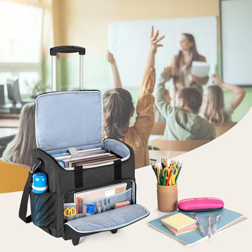 Trunab Rolling Teacher Bag, Teacher Tote Bag with Padded Sleeves | with Bottom Pad and Detachable Trolley, Wheeled Teacher Bag Holds up to 15.6” Laptop - color: Black