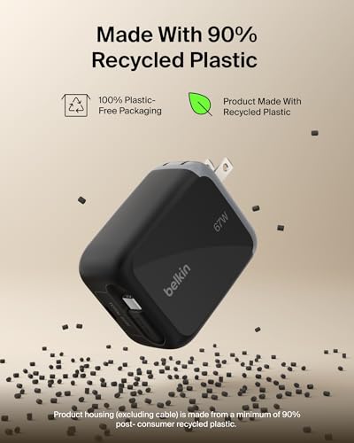 Belkin 67W GaN USB C Retractable Charger Block Fast Charging for Travel | 3.3ft Retractable Cable, USB C Port, iPhone 17, Galaxy S26, AirPods, iPads, MacBook, Travel Charger, Charge Up to 2 Devices - color: Black, style: 67W