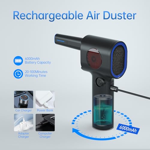 Stepless Speed Compressed Air Duster, Air Blower with Storage Case & LED | 6 Accessories Replace Canned Air, Keyboard Cleaner for Car, PC, Home - color: Black