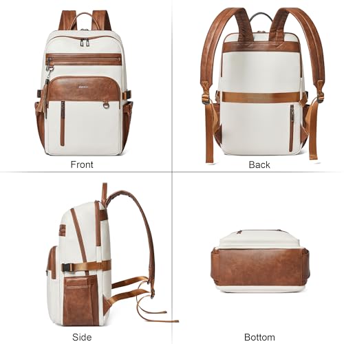Shrrie Vegan Leather Laptop Backpack for Women,17 Inch Computer Backpack Purse for Work Business College Travel Teacher Nurse with Anti-theft Pocket & Giant Tumbler Holder Pocket,Beige with Brown - color: Beige With Brown