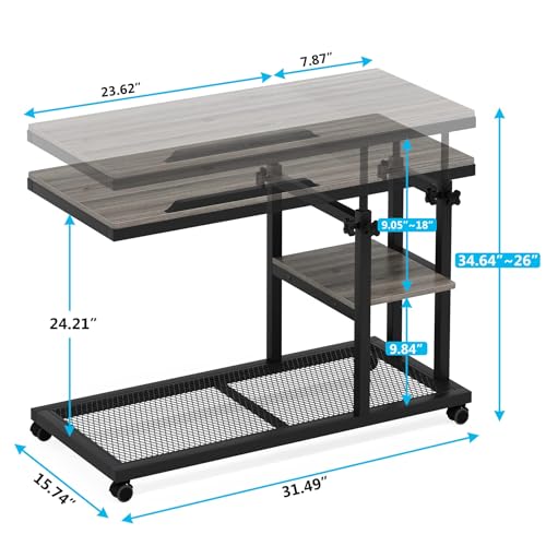 Tribesigns Height Adjustable C Table with Wheels, Mobile Couch Snack Side Table with Tiltable Drawing Board, Sofa Bedside Laptop Stand C Shaped TV Tray with Storage Shelves (Grey) - color: Grey+black