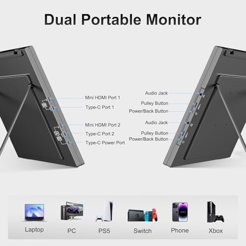 Dual Portable Monitor, 18.5" 1080P FHD IPS Folding Stacked Triple Laptop Screen Extender, USB-C Plug & Play Travel Extended Computer Display for Laptop PC Windows Mac w/Stand & VESA Mountable - size: 18.5