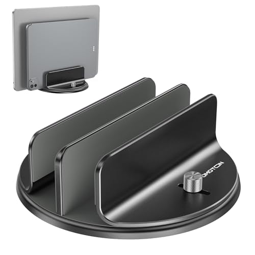 OMOTON VL04 360° Rotating Vertical Laptop Stand Holder, Aluminum Dual-Slot Desk Organizer for MacBook & iPad, Sides Knob Adjustment (No Lost Screws), Holds Laptop, Tablet & Keyboard, Fits up to 17.3"