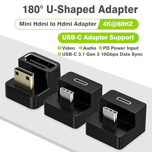 AGVEE 180 Degree USB-C to C Adapter & U-Shaped Mini HDMI to HDMI Converter | Angled HDMI 2.0 4k@60HZ Coupler Extender Extension Adaptor Accessories for Portable Display Monitor - size: 1 Pack Short Side Inward