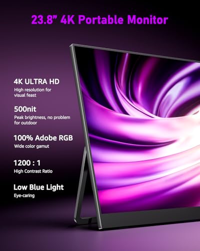 Yodoit Portable Monitor for Laptop 23.8" 4K UHD Travel Gaming Monitor Screen IPS Display with USB Type C Port and Built-in Speakers Compatible with PC, Xbox Black - size: 23.8 inch 4K