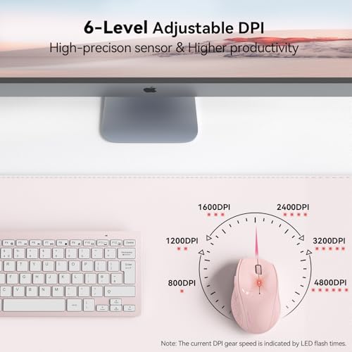 TECKNET Wireless Mouse, 2.4G USB Computer Mouse with 6-Level Adjustable 4800 DPI, 30 Months Battery, Ergonomic Grips, 6 Buttons Portable for PC, Chromebook, Mac - Pink - color: Pink