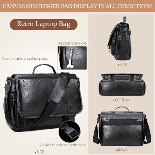 Messenger Bag for Men: Laptop Bag PU Leather Work Briefcase Large Carry On Computer for Office College Travel - color: Pu Black
