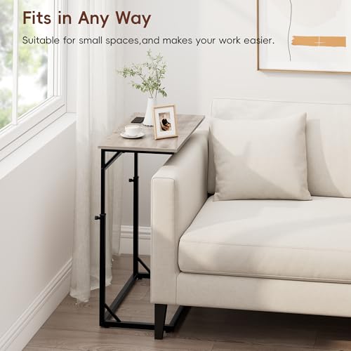 C Shaped End Table with Charging Station, C-Table End Table Adjustable Height Side Table for Couch, Large Couch Table, Slide Under Couch Table TV Tray Table for Sofa,Living Room,Bedroom, Grey - color: Greige, style: With Plug