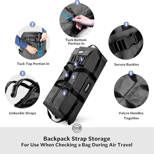 45/80/100L Rolling Duffel Bag with Wheels, X-Large Durable Travel Duffle + Toiletry Bag, Heavy Duty, Packable with Shoulder Straps- Use as Luggage or Backpack, Men/Women (Black) - color: Black