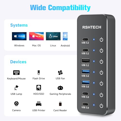 RSHTECH 7-Port Powered USB-C/USB 3.2 Data Hub Splitter, RSH-ST07C-4 | with 3 x 10Gbps USB-3.2(2C + 1A),4 USB-3.0 Ports(2C + 2A), 3.3ft USB-A/USB-C Cable, Touch Switches, and 5V Power Adapter