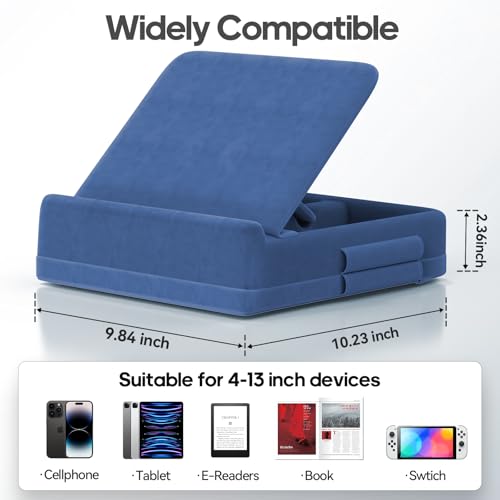 KDD Tablet Pillow Stand with Storage, Foldable iPad Holder for Lap, Desk and Bed, Angle Adjustable Soft Pad Dock with Stylus Mount Compatible with iPad Pro, Air, mini, Book, Phone and Tablet (4-13") - color: Dark Blue