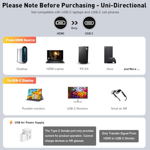 UANTIN HDMI to USB C Adapter (4K 60Hz) Uni-Directional HDMI (Source) to Type-C (Display) Male to Female Compatible with Laptop,PS5,XR/AR Glasses,Portable Monitor, Not Charging The Device