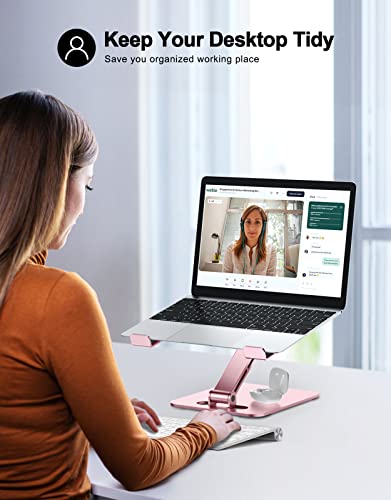 RIWUCT Foldable Aluminum Alloy Laptop Stand for Desk, Height Adjustable Ergonomic Computer Stand, Portable Laptop Riser Holder Printer Stand Compatible with MacBook Pro Air/HP/Dell 10-16", Pink - color: Pink