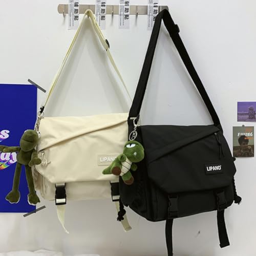 Aesthetic Crossbody Bag with Cute Pins and Ornament, Nylon Shoulder Messenger Bag Japanese Kawaii Bag for Women Men - color: L-black-fit Laptop