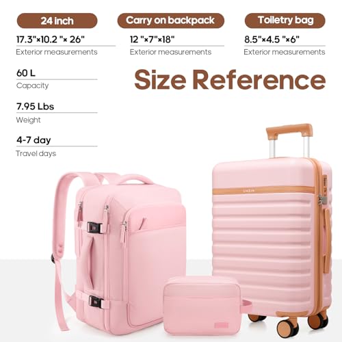 UKEIN Luggage Sets 3 Piece, PC Hardside Carry On Luggage 24 Inch With Spinner Wheels with TSA Lock, Large Suitcase Set With Travel Backpack (Pink, 3 piece set (24inch)) - color: Pink, size: 3 piece set (24inch)