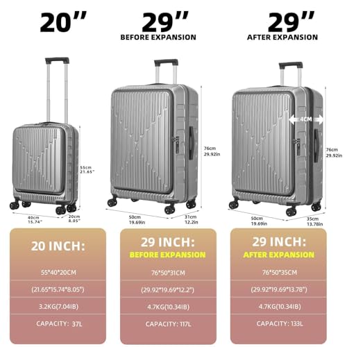 Kaleenie 29 Inch Checked Luggage with Expansion and Side Opening | Expandable Lightweight ABS+PC Hardshell Trunk Suitcase,360° Universal Wheels,YKK Zipper,50 * 31(35)*76cm, 117L~133L,Grey - color: Dark Gray, size: 29 Inch