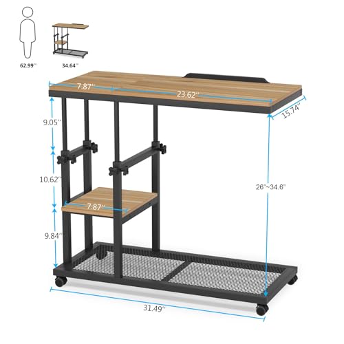 Tribesigns Height Adjustable C Table with Wheels, Mobile Couch Snack Side Table with Tiltable Drawing Board, Sofa Bedside Laptop Stand C Shaped TV Tray with Storage Shelves (Black+Oak) - color: Black+oak