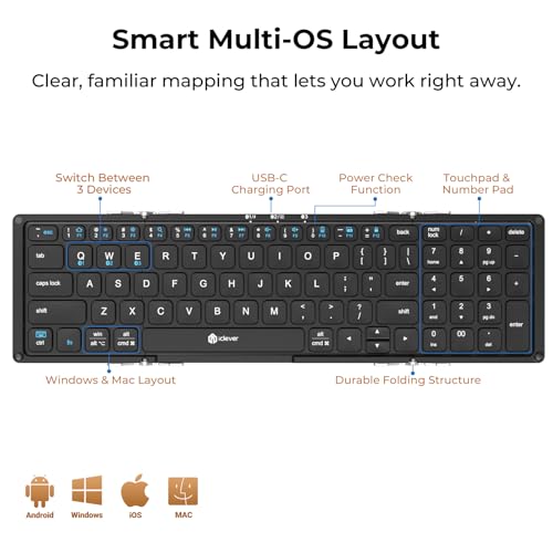iClever Foldable Bluetooth Keyboard with Number Pad, BK09 Portable Compact Travel Keyboard, USB-C Rechargeable Wireless Folding Keyboard for iPad, iPhone, Android, Windows, Mac Laptop