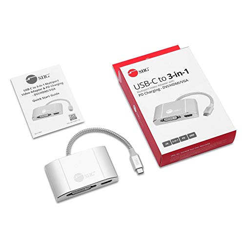 SIIG USB-C to HDMI, DVI and VGA Adapter with 60W PD, CB-TC0911-S1 | Connect a USB-C laptop to HDMI, DVI or VGA displays; 60W pass-through charging supports compact presentation setups.