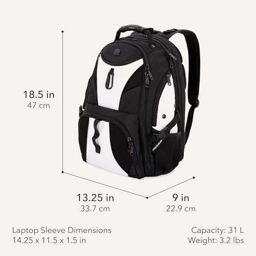 SWISSGEAR 1900 ScanSmart Laptop Backpack, Fits Most 17-Inch Laptops, TSA-Friendly Lay-Flat Design, RFID Protection, and Tablet Pocket, Black, 31L, 18.5-Inch - color: White/Black
