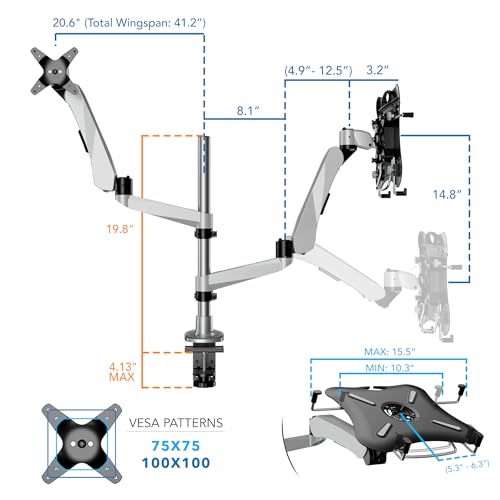 Mount-It! CLiX Monitor & Laptop Desk Mount w/Cooling Fan, Silver | TAA-compliant gas spring arm fits 13-32" monitor + 17" laptop, VESA 75x75/100x100, full motion aluminum, dual-screen ready.