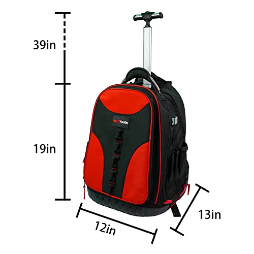 MELOTOUGH Wheeled Rolling Tool Backpack Heavy Duty Red | Heavy-Duty 600D, Red Polyester, Padded Laptop Sleeve, 37 Pockets for Tools, Smooth Rolling Wheels, Telescoping Handle - color: Red