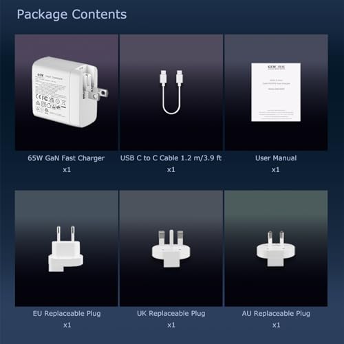 65W GaN PD/PPS USB-C Travel Wall Charger, Interchangeable US/EU/UK/AU Detachable Plugs, 3.9ft USB-C Charging Cable, Universal Fast Travel Adapter Compatible with MacBook, iPhone, Laptops & Tablets