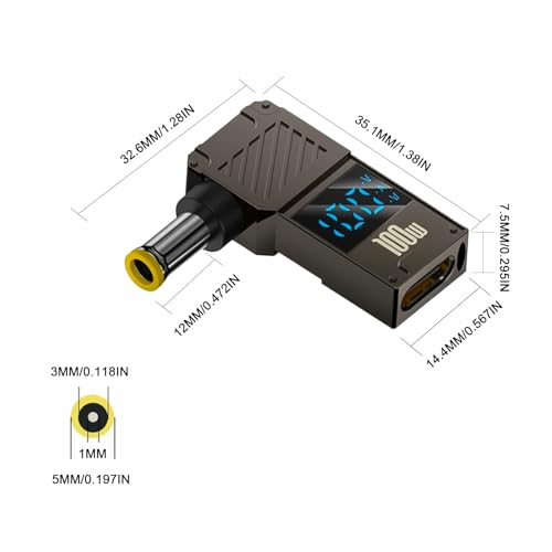 Poyiccot 5.0x1.0mm DC Male Connector Jack, USB C Female to DC 5.0x1.0mm Adapter, 90 Degree 100W Output 20V 5A Power Adapter with LED Digital Display Charging Connector for Laptop, 1Pack - color: 5.0X1.0mm