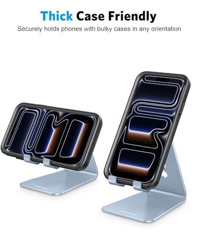 OMOTON Adjustable Cell Phone Stand, Aluminum Desktop Cellphone Stand with Anti-Slip Base and Convenient Charging Port, Fits All Smart Phones, Light Blue - color: Light Blue