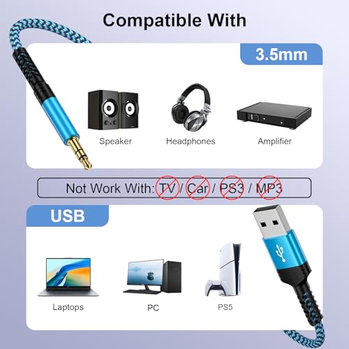 USB A to 3.5mm Audio Aux Cable,Braided 3FT USB Male to AUX Male Jack Adapter TRS Stereo Audio Cord for Speaker Headphones PC Laptop Windows Computer PS5 PS4 Mac OSX Desktops